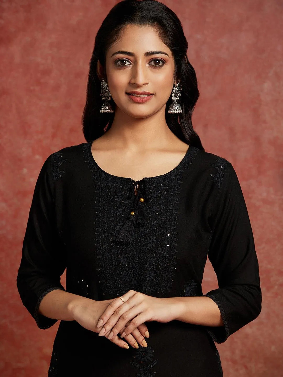 Black Embroidered Rayon Straight Kurta - Libas 