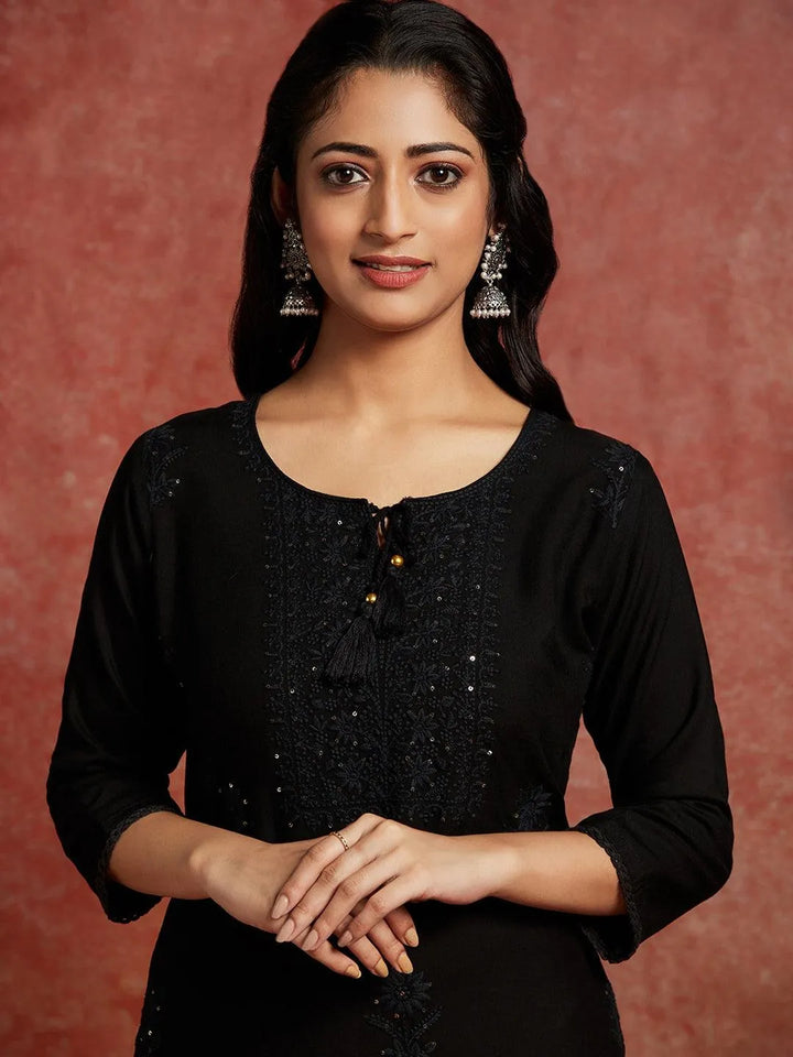 Black Embroidered Rayon Straight Kurta - Libas