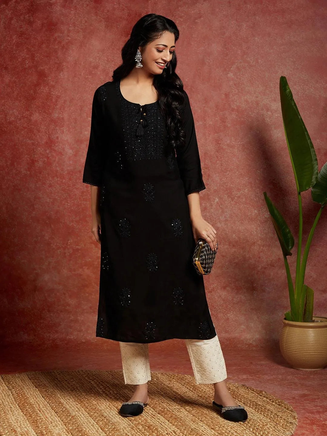 Black Embroidered Rayon Straight Kurta - Libas 