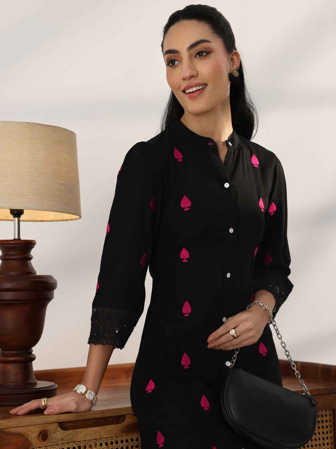  Black Embroidered Rayon Straight Kurta Set 