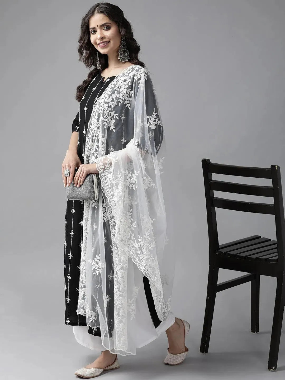 Black Embroidered Rayon Suit Set - Libas 