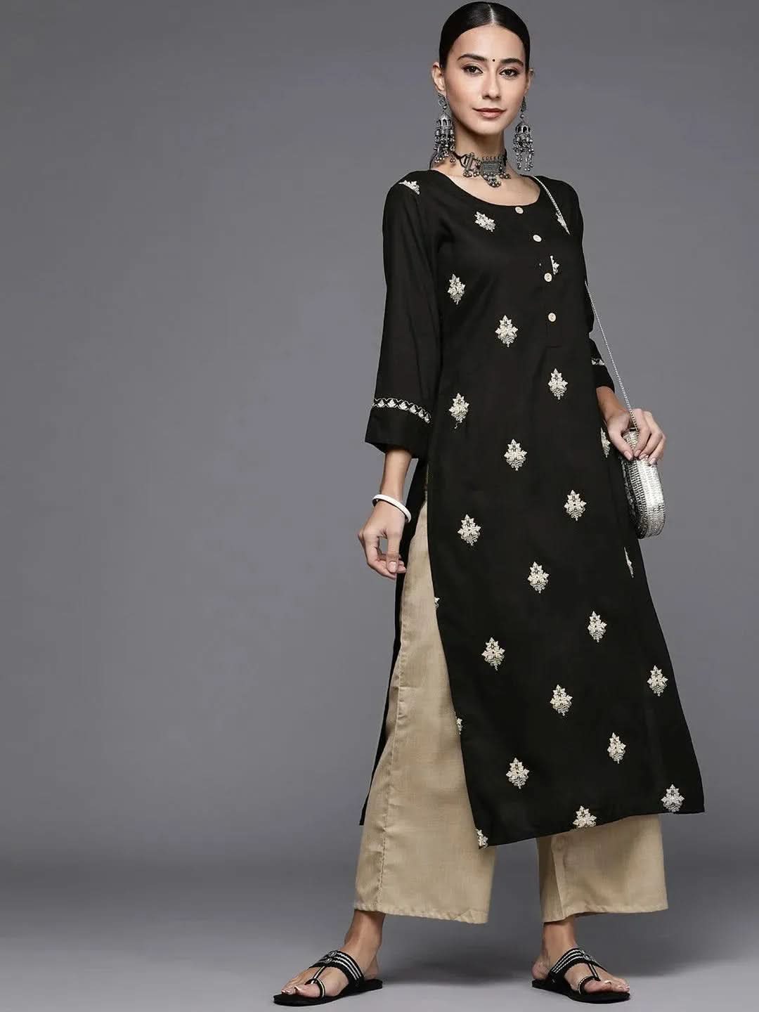 Black Embroidered Rayon Kurta Set - Libas 