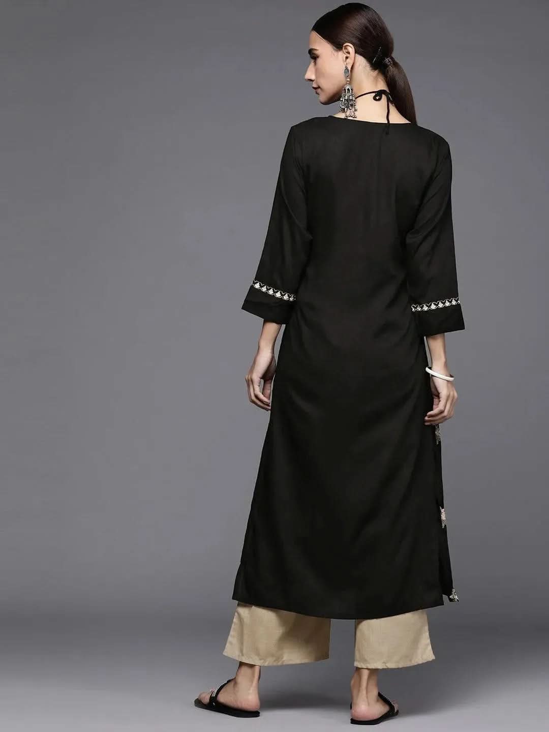 Black Embroidered Rayon Kurta Set - Libas 