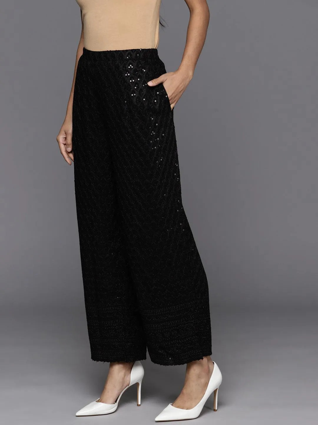 Black Embroidered Rayon Trousers - Libas