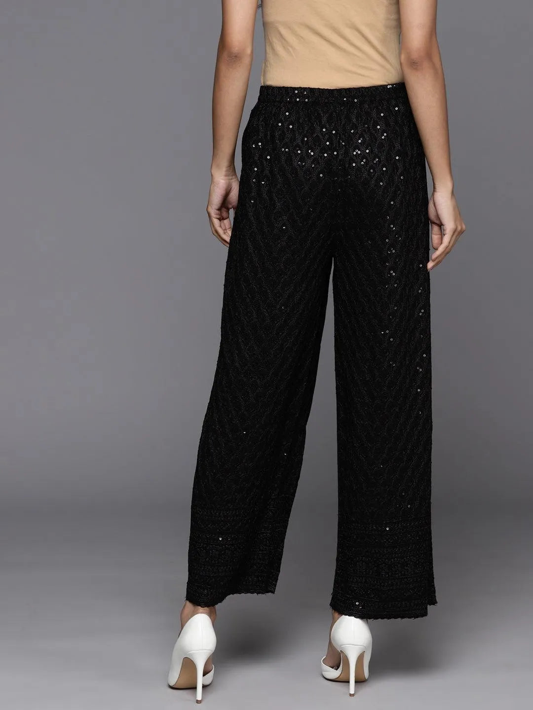 Black Embroidered Rayon Trousers - Libas 