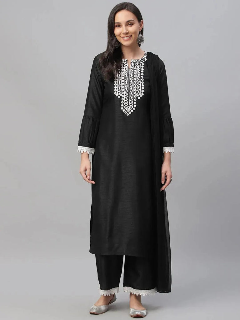 Libas Black Embroidered Shantoon Straight Kurta With Palazzos & Dupatta