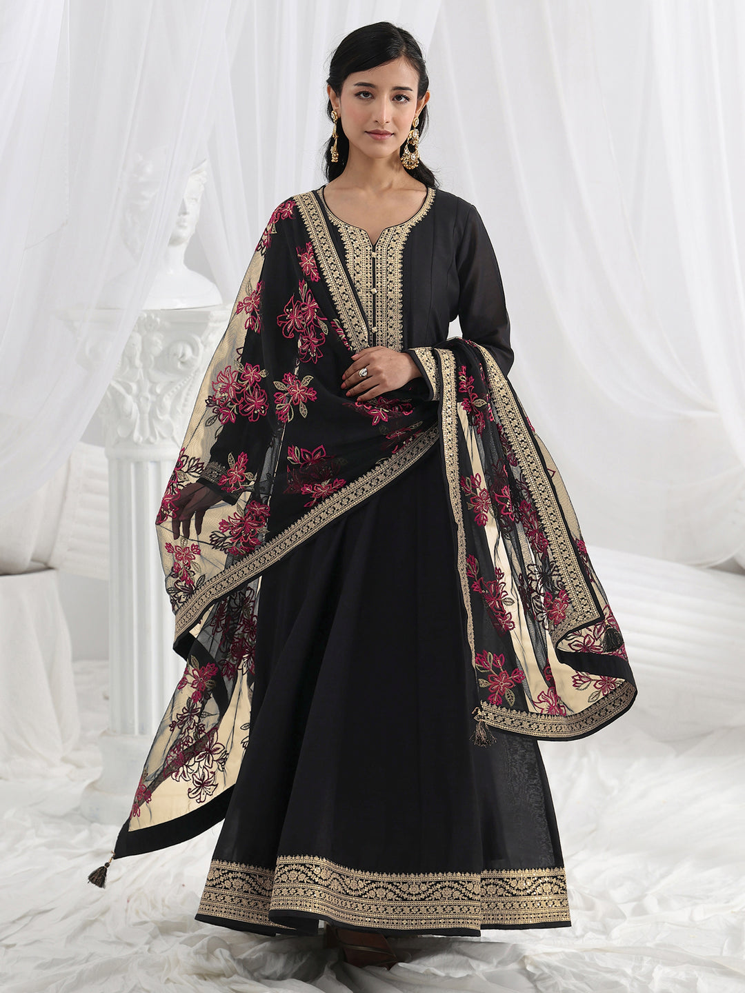 Buy Black Embroidered Silk A-Line Gown With Dupatta Online at Rs.2149 | Libas Buy Black Embroidered Silk A-Line Gown With Dupatta Online at Rs.2149 | Libas