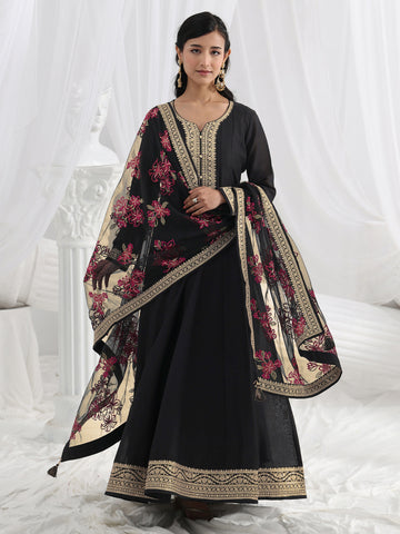 Black Embroidered Silk A-Line Gown With Dupatta