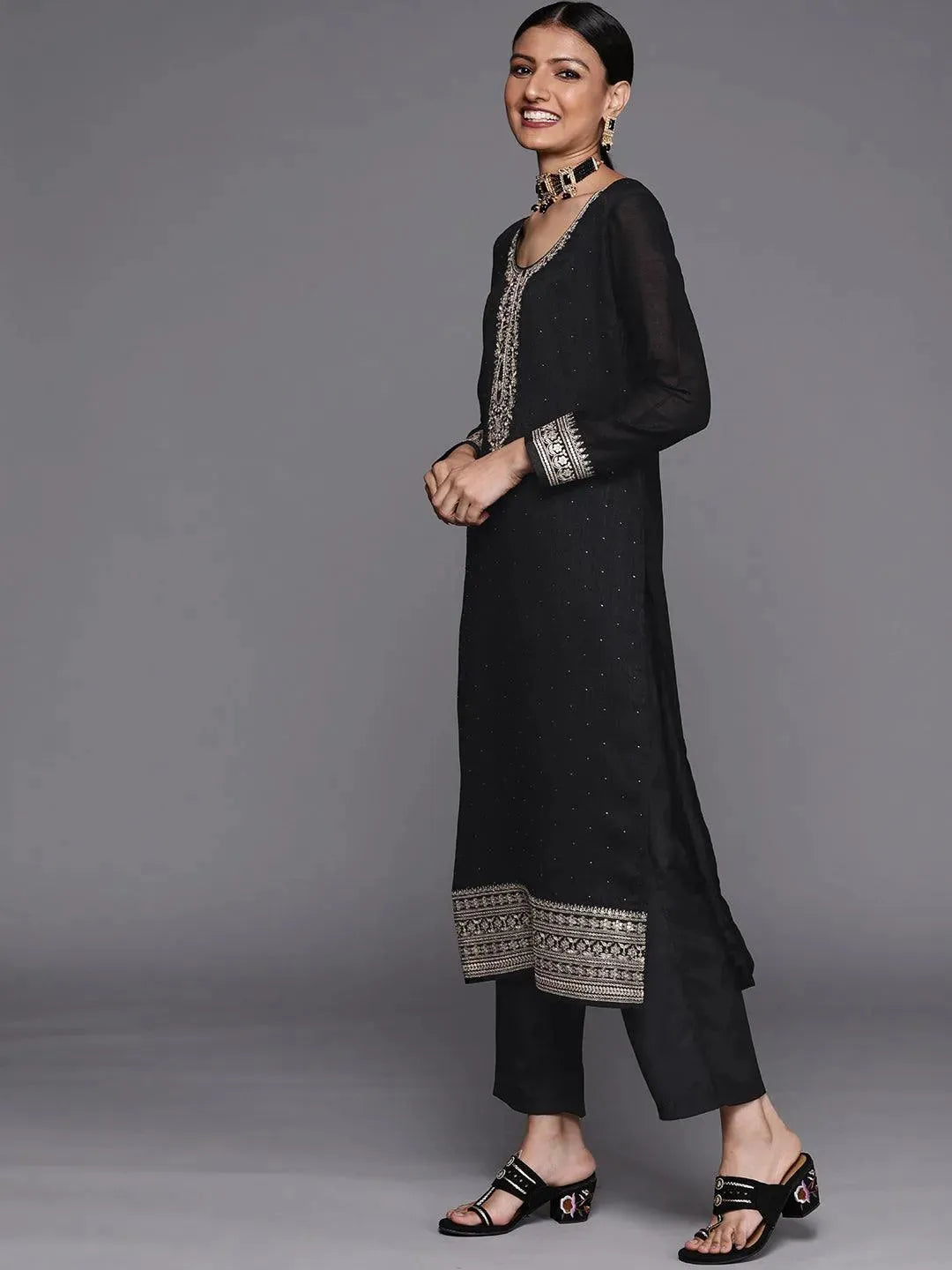 Black Embroidered Silk Blend Straight Suit Set - Libas