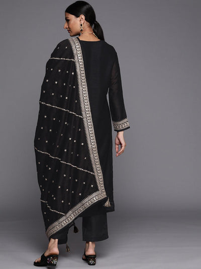 Black Embroidered Silk Blend Straight Suit Set - Libas