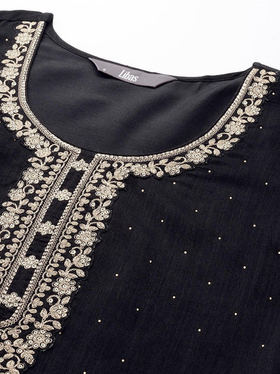 Black Embroidered Silk Blend Straight Suit Set - Libas