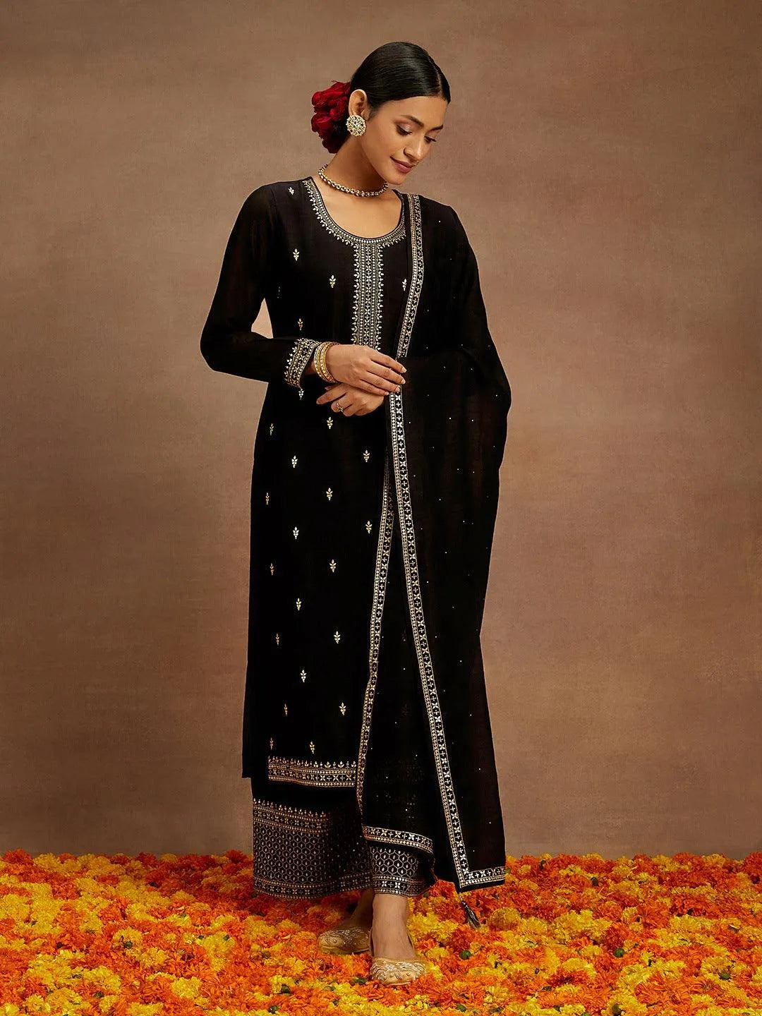 Black Embroidered Silk Blend Straight Kurta With Palazzos & Dupatta - Libas 