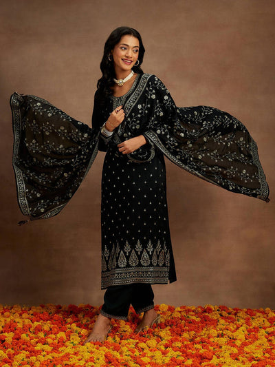 Black Embroidered Silk Blend Straight Kurta With Trousers & Dupatta - Libas