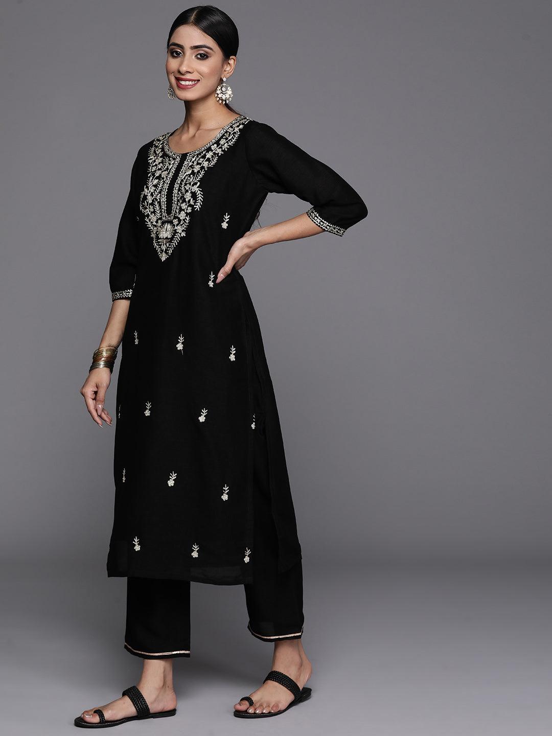 Black Embroidered Silk Blend Straight Kurta With Trousers & Dupatta