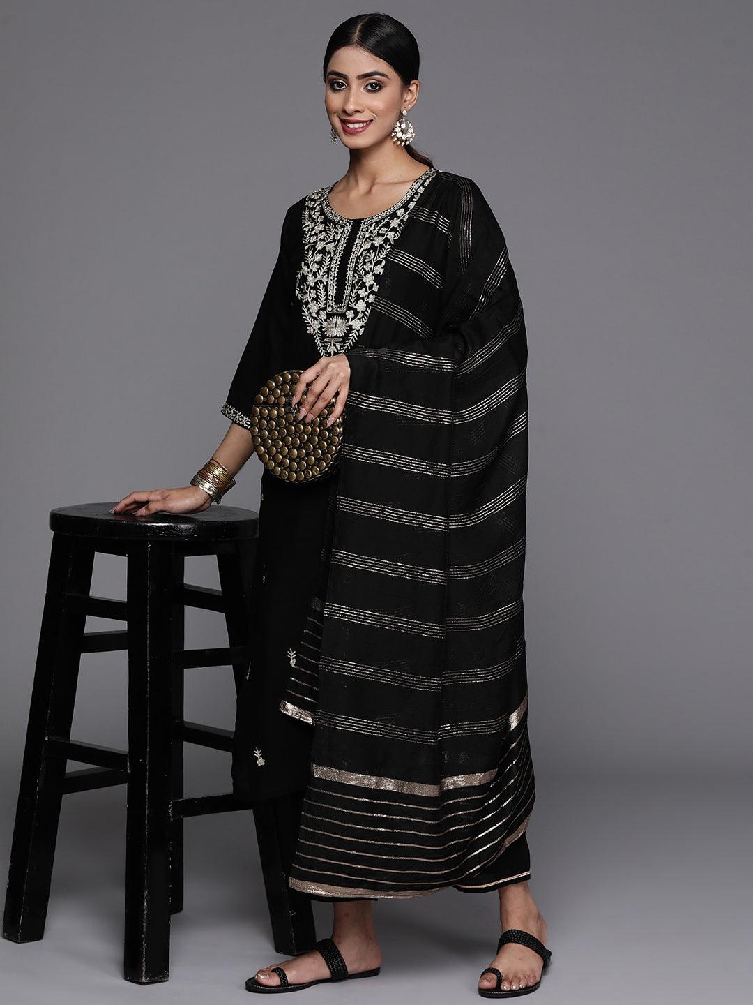 Black Embroidered Silk Blend Straight Kurta With Trousers & Dupatta