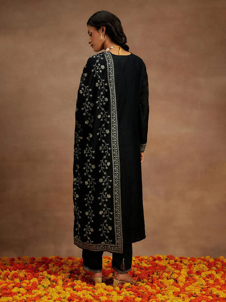 Black Embroidered Silk Blend Straight Kurta With Trousers & Dupatta - Libas
