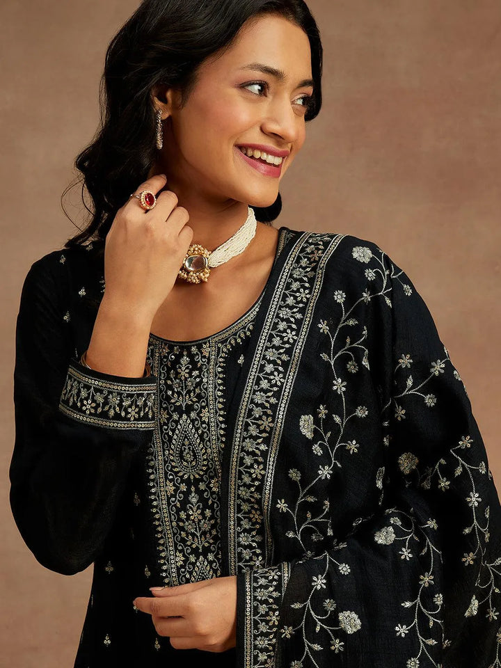 Black Embroidered Silk Blend Straight Kurta With Trousers & Dupatta - Libas