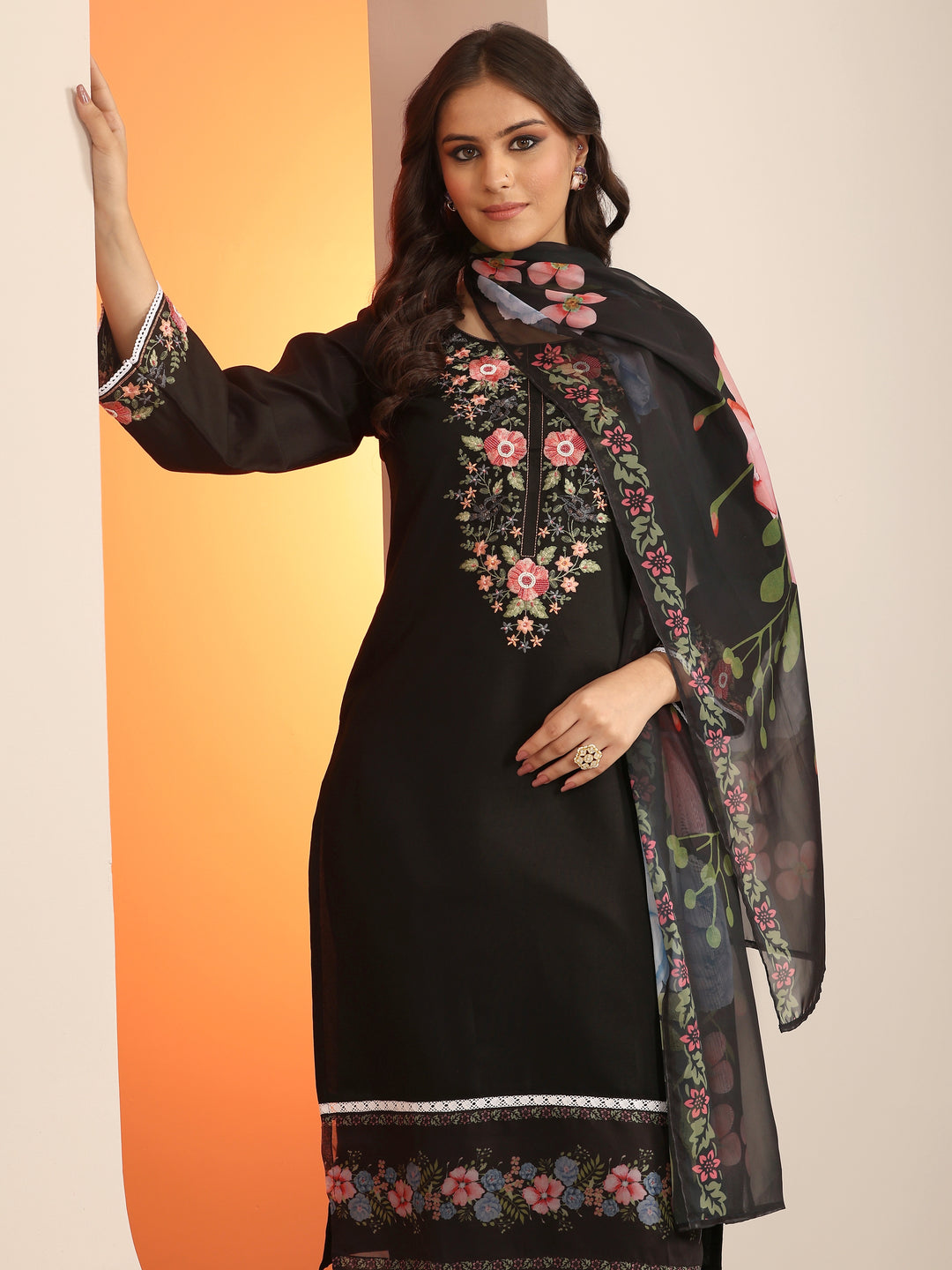  Black Embroidered Silk Blend Straight Suit Set With Dupatta 