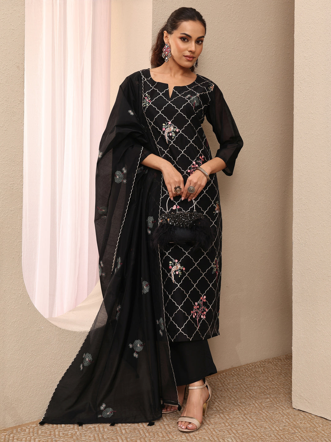 Black Embroidered Silk Blend Straight Suit Set With Dupatta