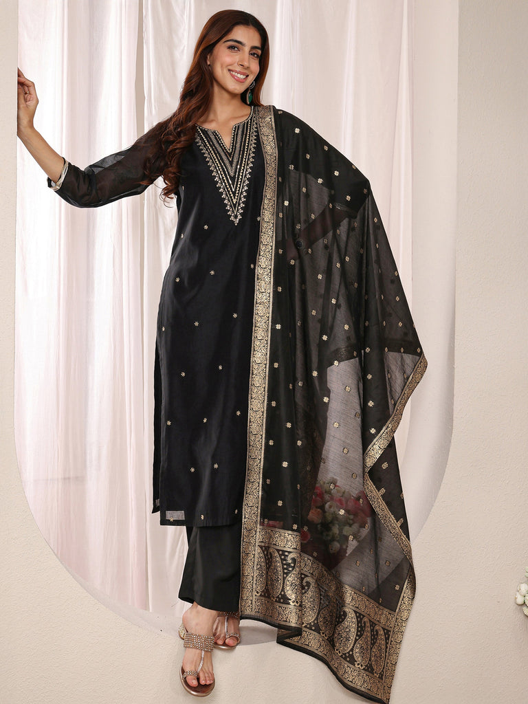 Libas Black Embroidered Silk Blend Straight Suit Set With Dupatta
