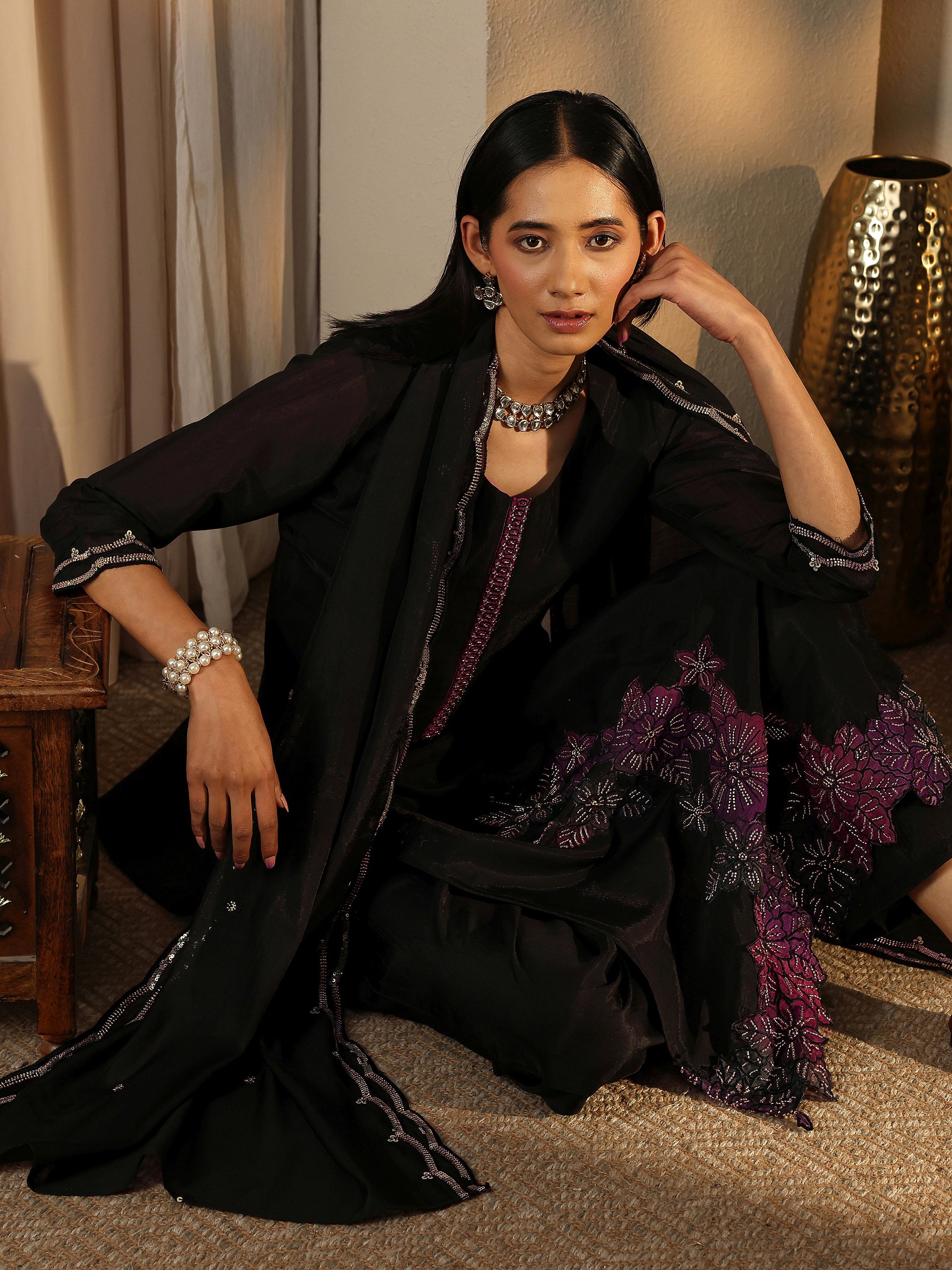 libas Black Embroidered Silk Blend Straight Suit Set With Dupatta-picture-53