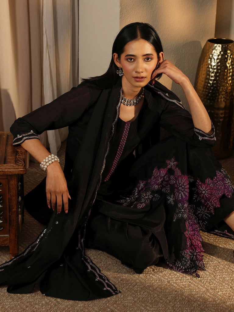 Libas Black Embroidered Silk Blend Straight Suit Set With Dupatta