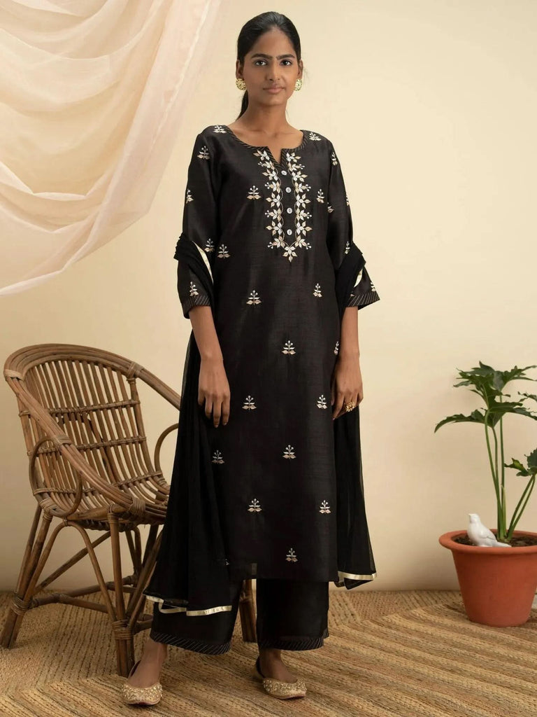 Libas Black Embroidered Silk Straight Kurta With Palazzos & Dupatta