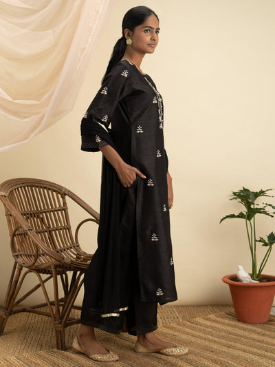 Black Embroidered Silk Suit Set - Libas