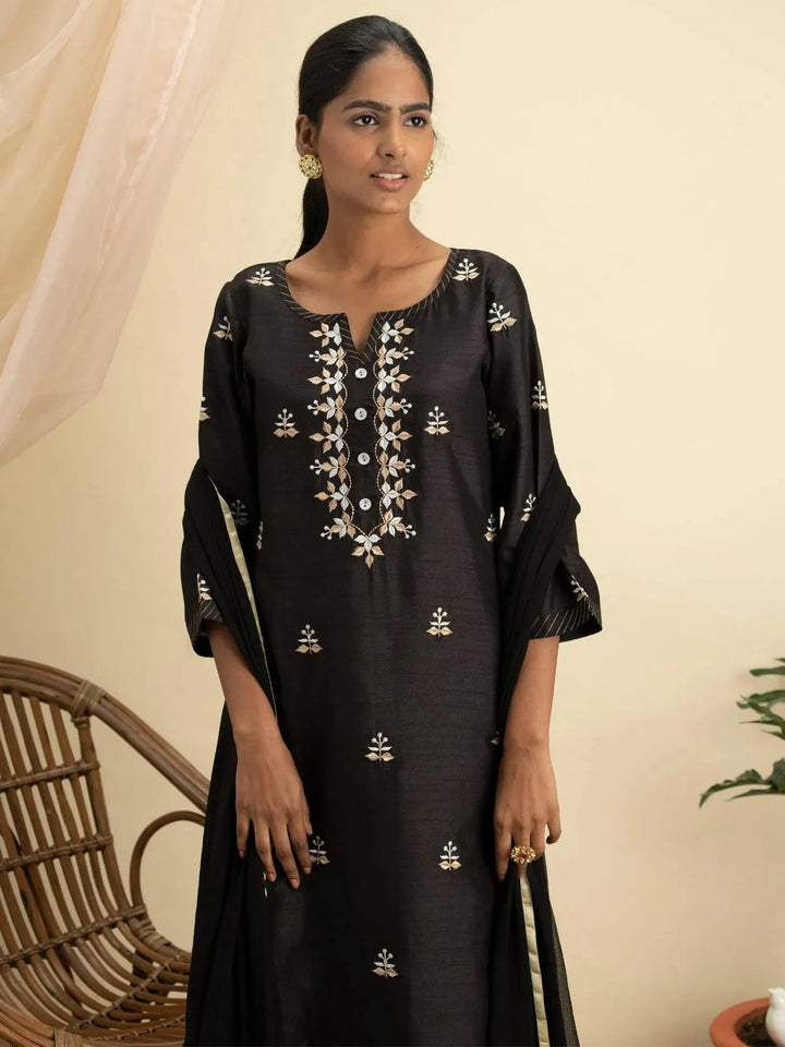 Black Embroidered Silk Suit Set - Libas