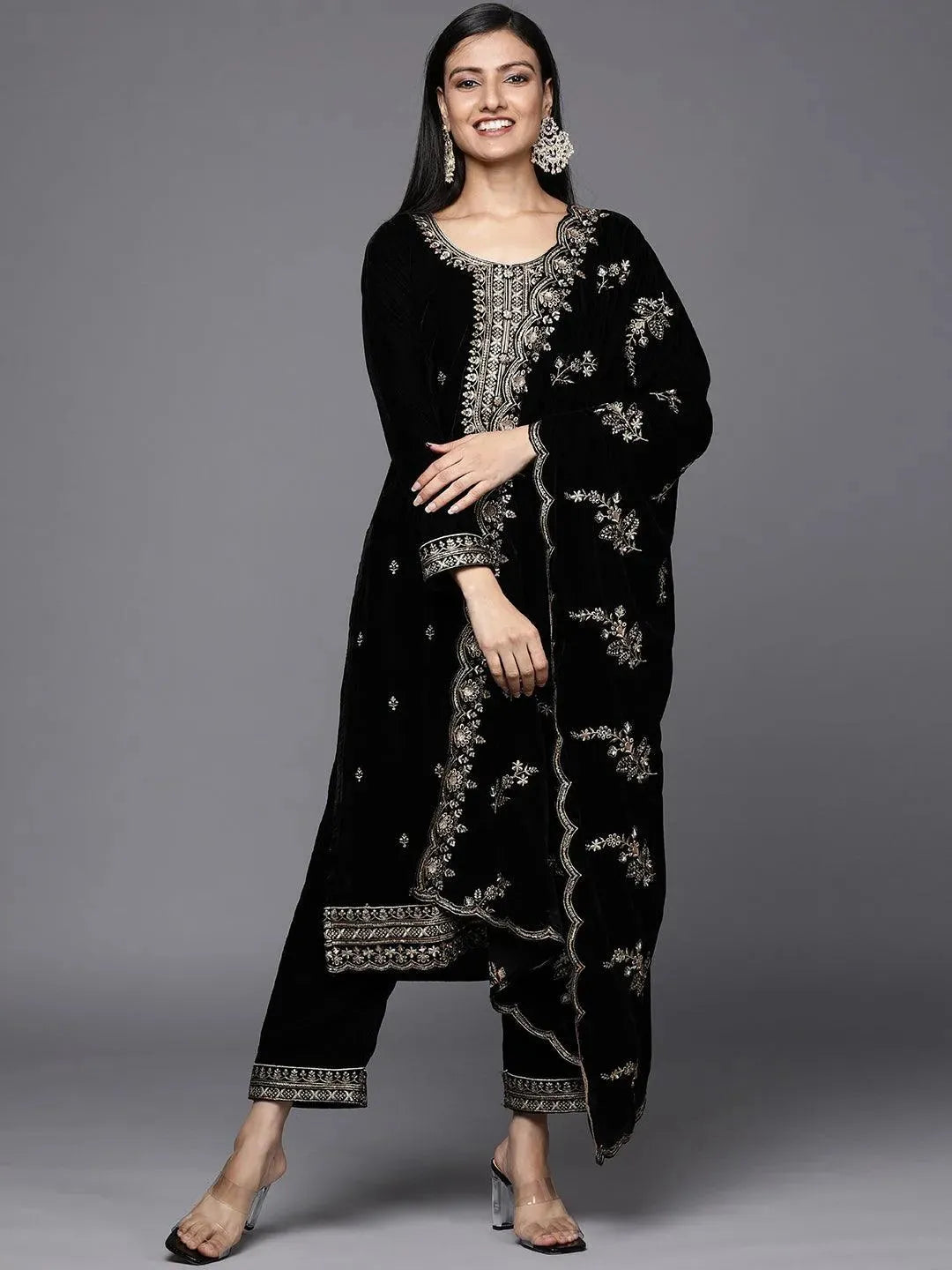 Black Embroidered Velvet Straight Suit Set - Libas