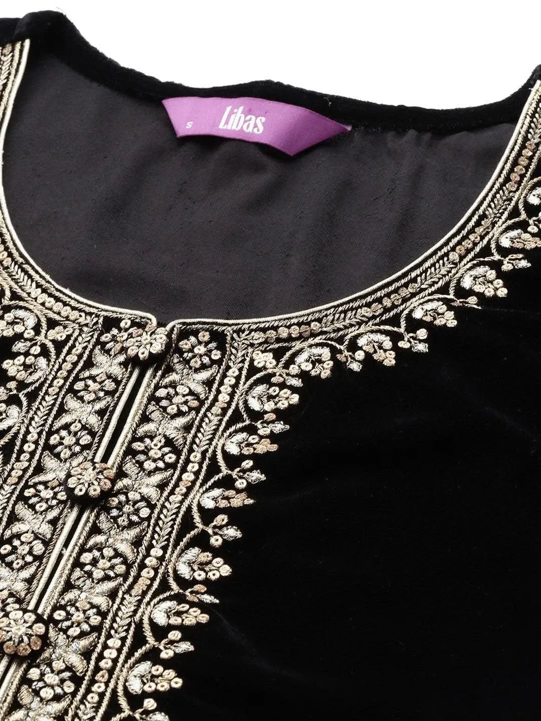 

Black Embroidered Velvet Straight Kurta With Trousers & Dupatta