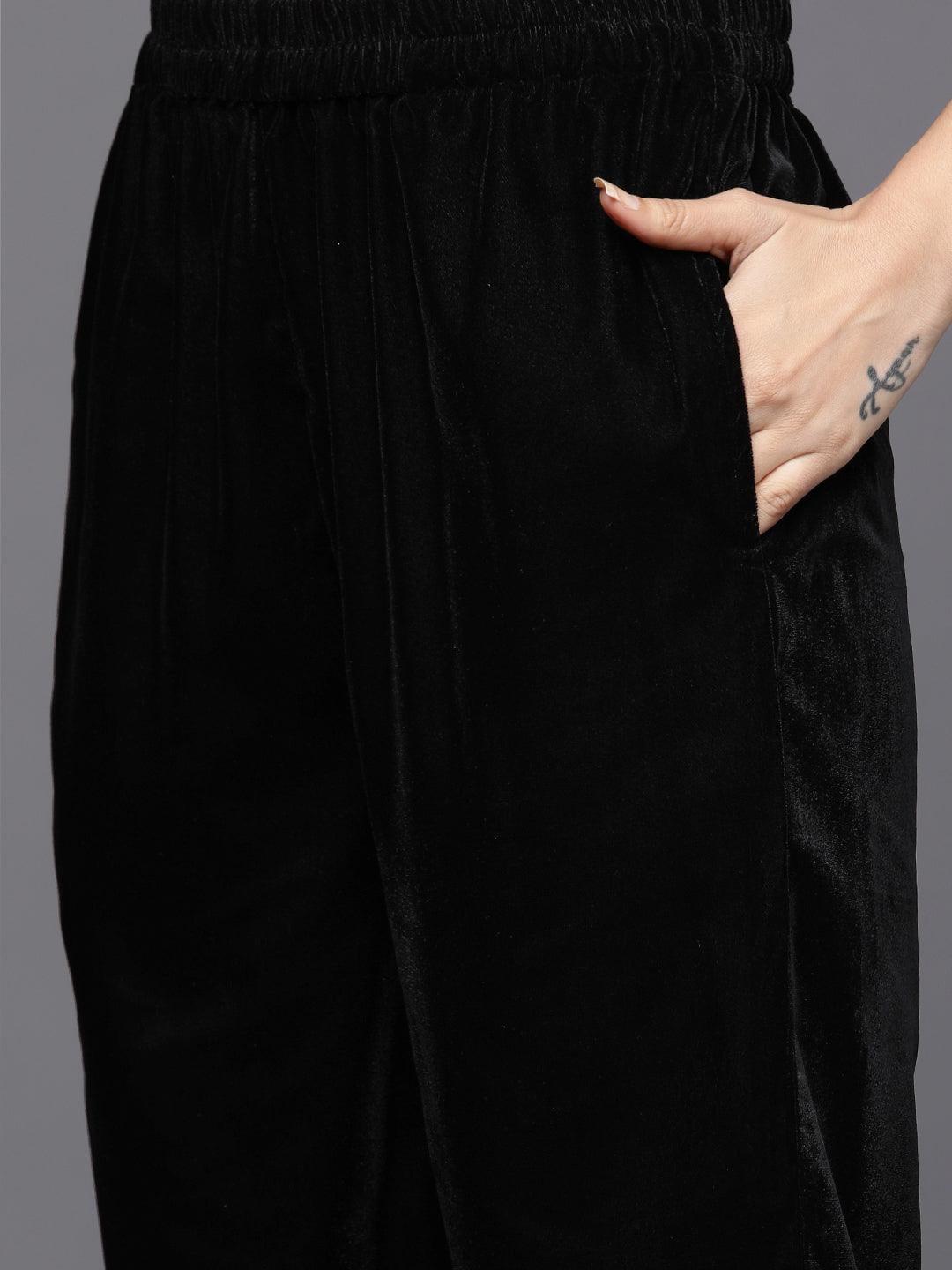 Black Embroidered Velvet Straight Kurta With Trousers & Dupatta