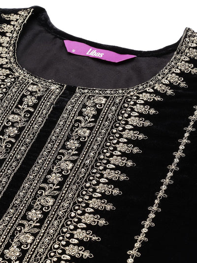 Black Embroidered Velvet Straight Suit Set - Libas