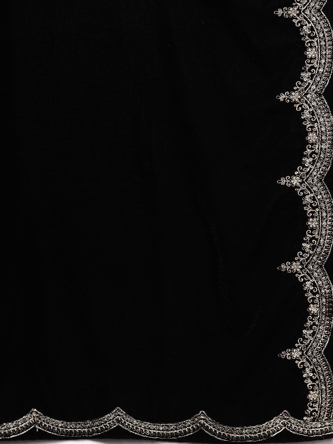Black Embroidered Velvet Straight Kurta With Trousers & Dupatta