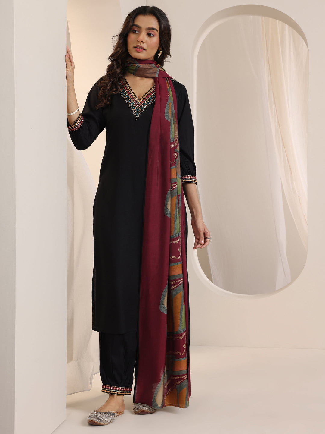  Black Embroidered Viscose Rayon Straight Suit Set With Dupatta 