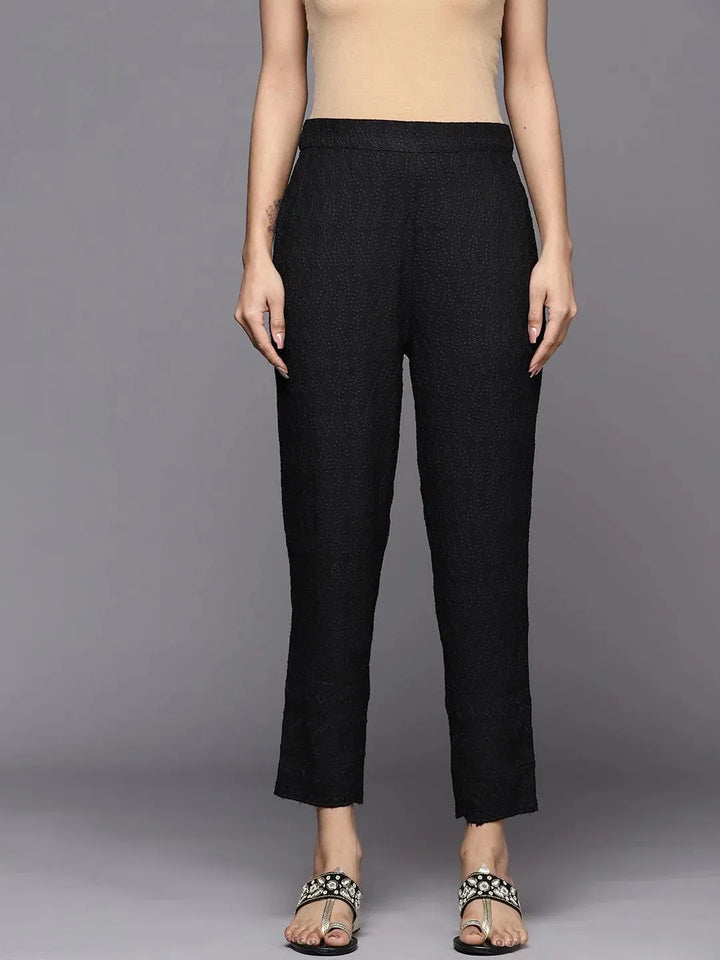 Black Embroidered Viscose Rayon Trousers - Libas