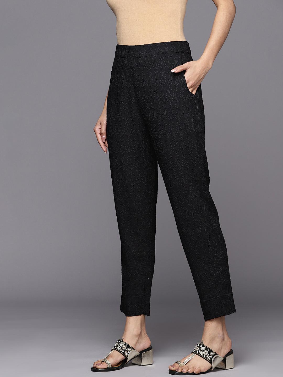 Black Embroidered Viscose Rayon Trousers