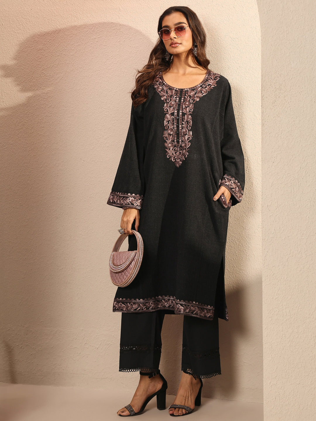 Black Embroidered Wool Straight Kurta