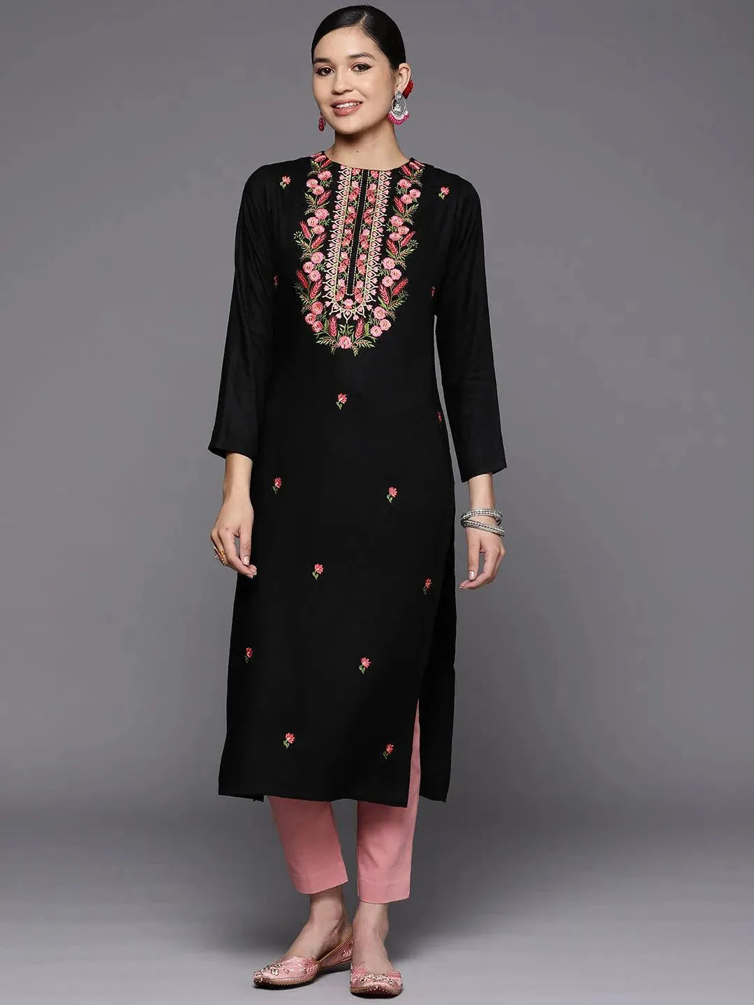 Black Embroidered Wool Straight Kurta - Libas