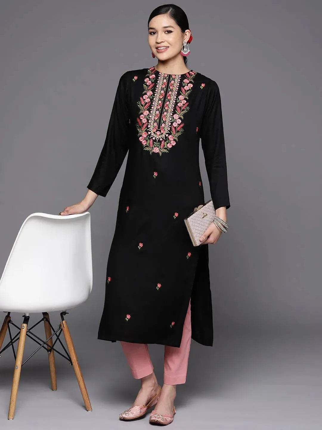 Black Embroidered Wool Straight Kurta - Libas 