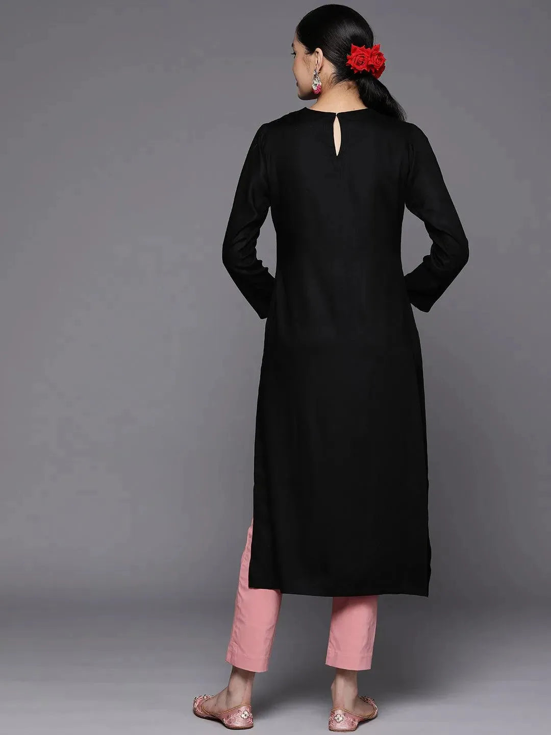 Black Embroidered Wool Straight Kurta - Libas 