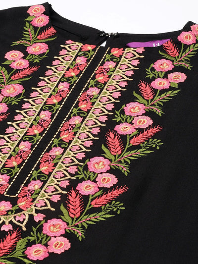 Black Embroidered Wool Straight Kurta - Libas