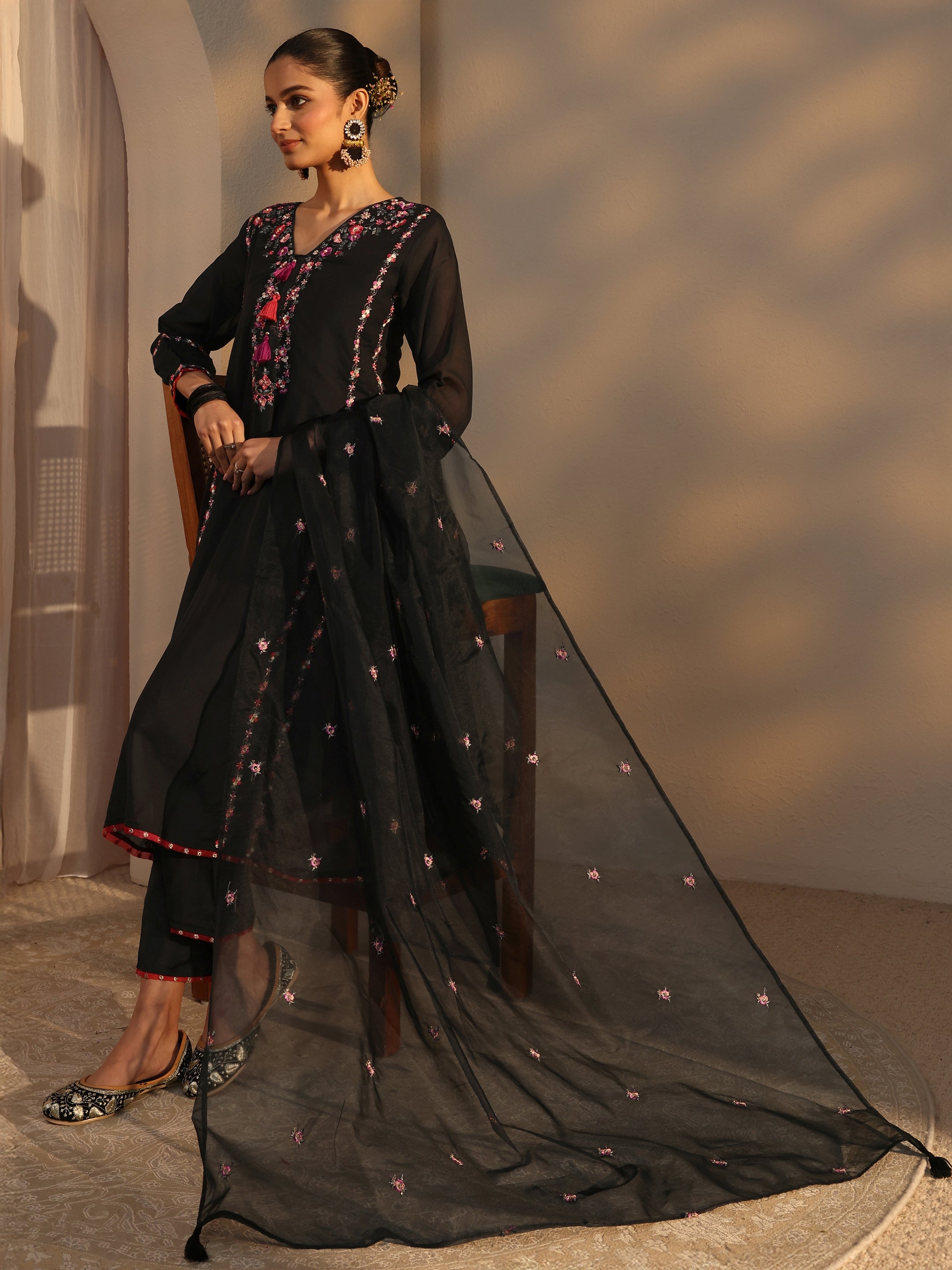 libas Black Ethnic Embroidered Chanderi Cotton Straight Suits Set With Dupatta-picture-30