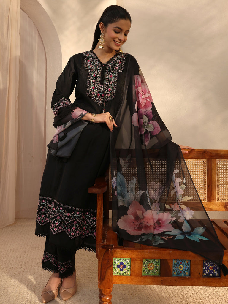 Libas Black Ethnic Embroidered Silk Blend A-Line Suits Set With Dupatta
