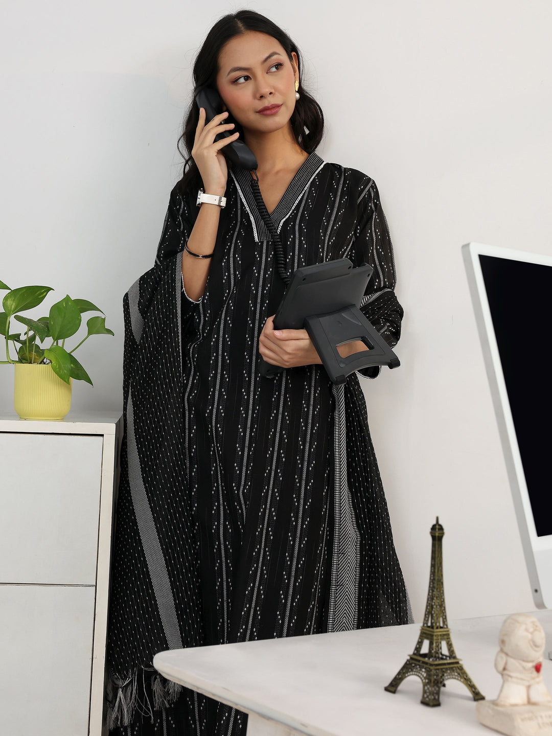 Black Ethnic Motif Woven Design Cotton Blend Straight Suit Set With Dupatta
