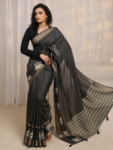 Black Ethnic Motif Woven Design Silk Blend Saree 
With Unstitched Blouse Piece