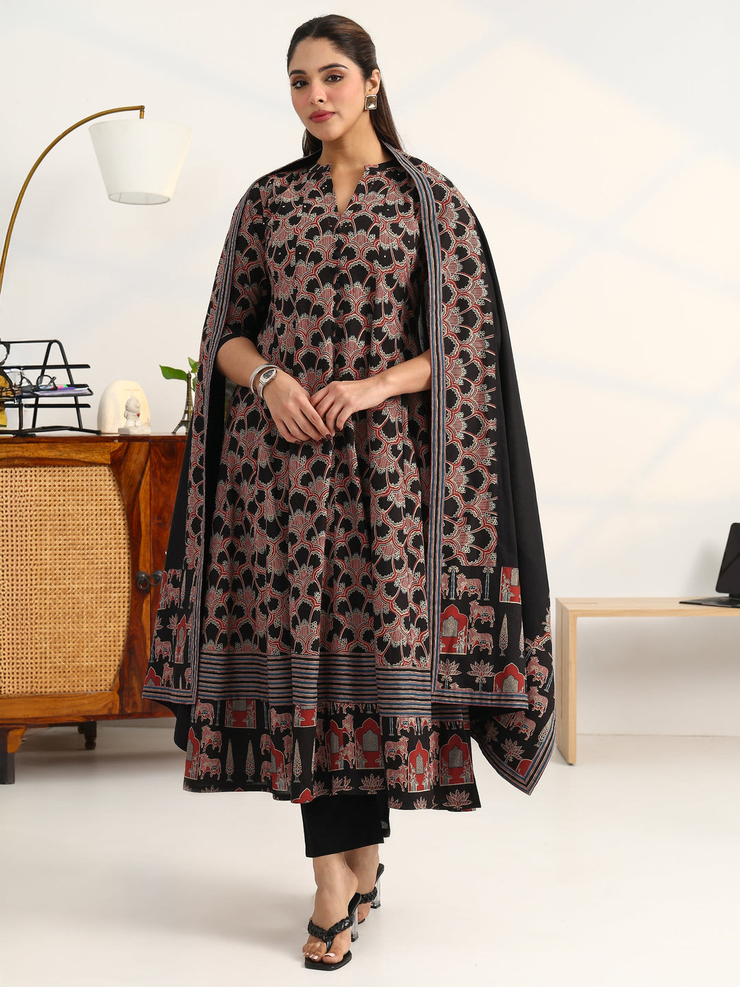  Black Ethnic Motifs Printed Cotton Blend A-Line Suit Set With Dupatta 