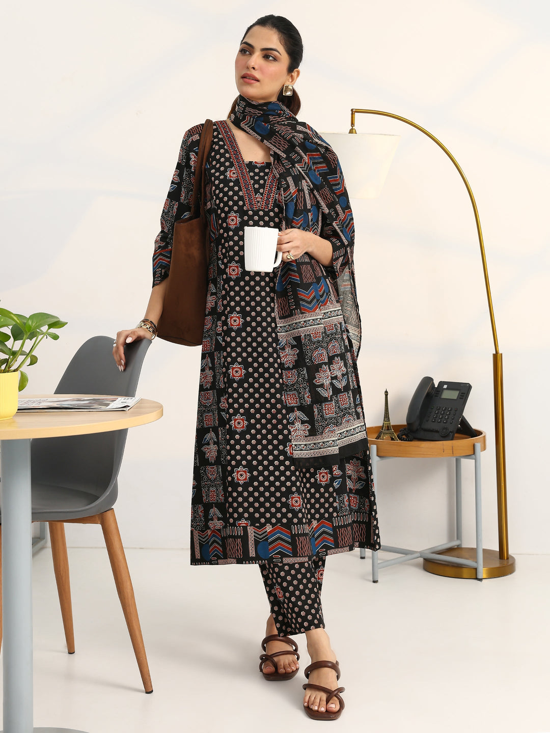  Black Ethnic Motifs Printed Cotton Blend A-Line Suit Set With Dupatta 