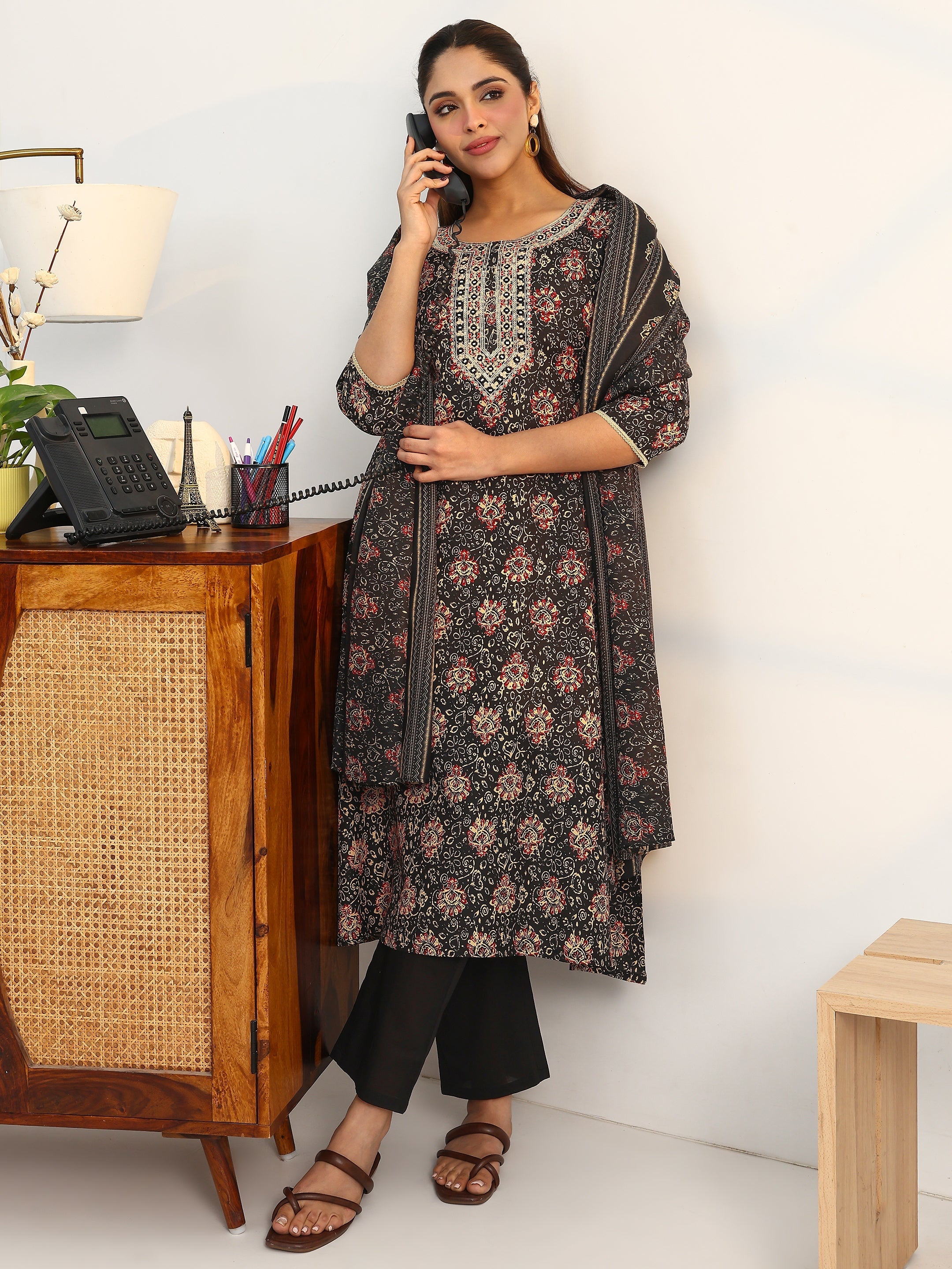 libas Black Ethnic Motifs Printed Cotton Blend A-Line Suit Set With Dupatta-picture-21