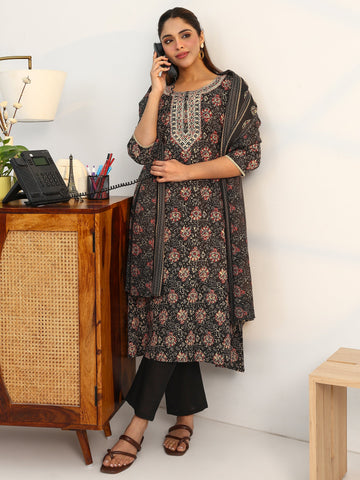 Black Ethnic Motifs Printed Cotton Blend A-Line Suit Set With Dupatta